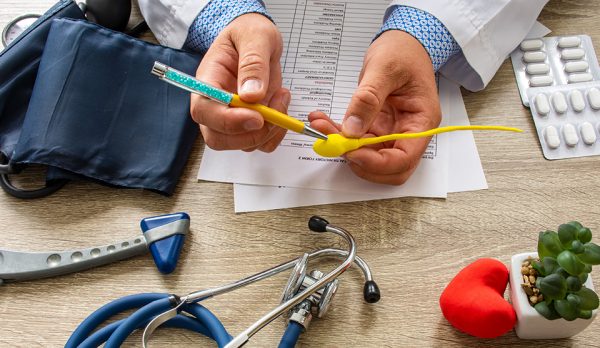 A physician holds a model of a sperm cell